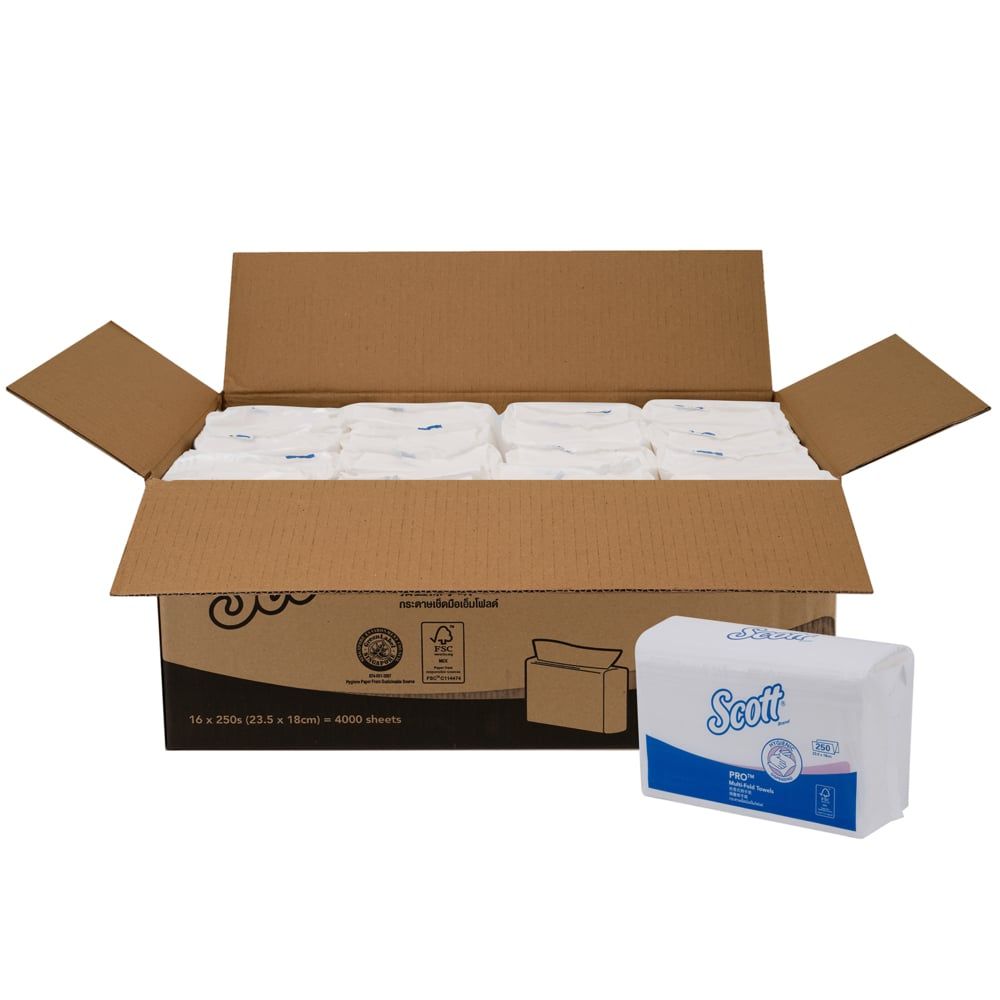 Scott庐 Pro Lite Multifold Paper Towels (26165), White 1-Ply, 16 Packs / Case, 250 Sheets / Pack (4,000 Sheets)