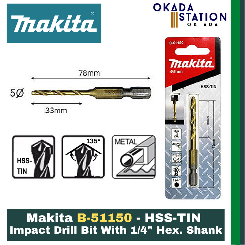 B-51150 Makita B-51150 - HSS-TIN Impact Drill Bit With 1/4" Hex. Shank / Impact Drill Bit / Drill Bit / HSS-TIN