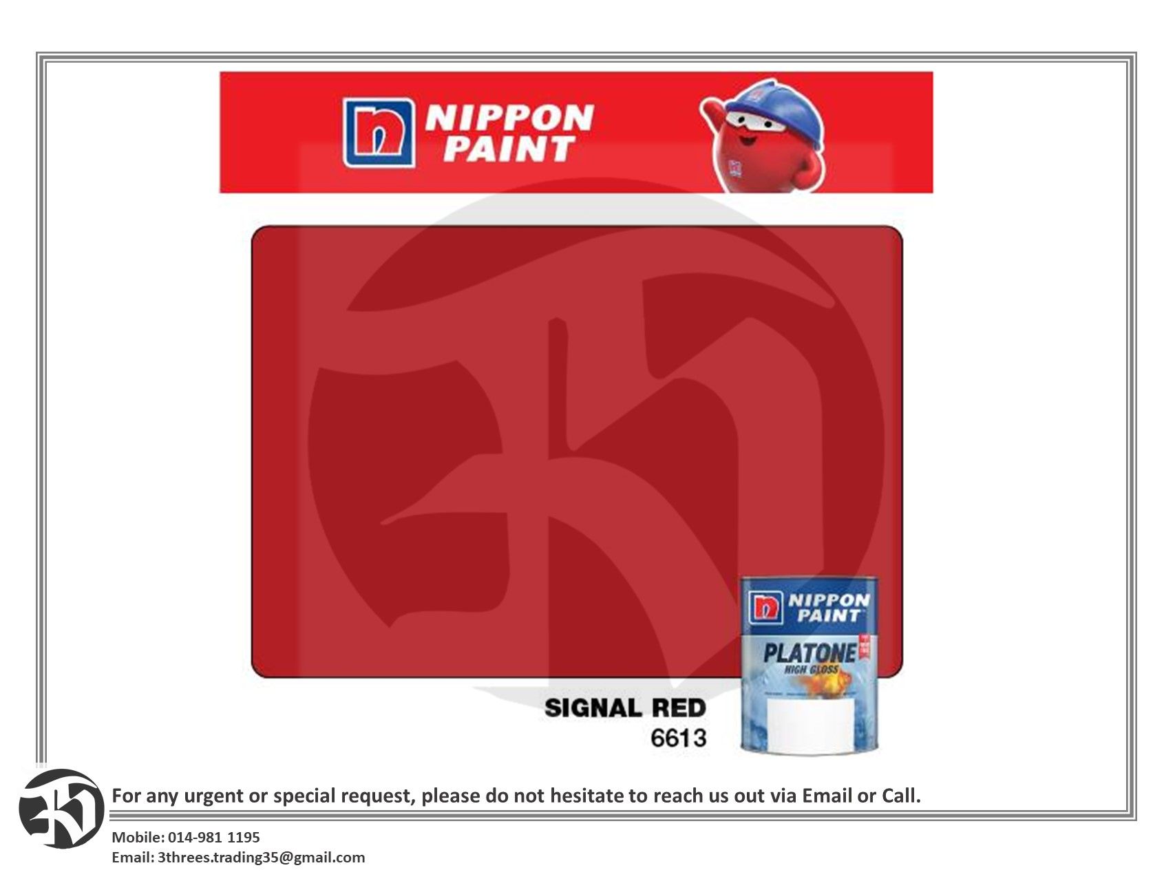 Nippon Paint Platone High Gloss Signal Red 1L