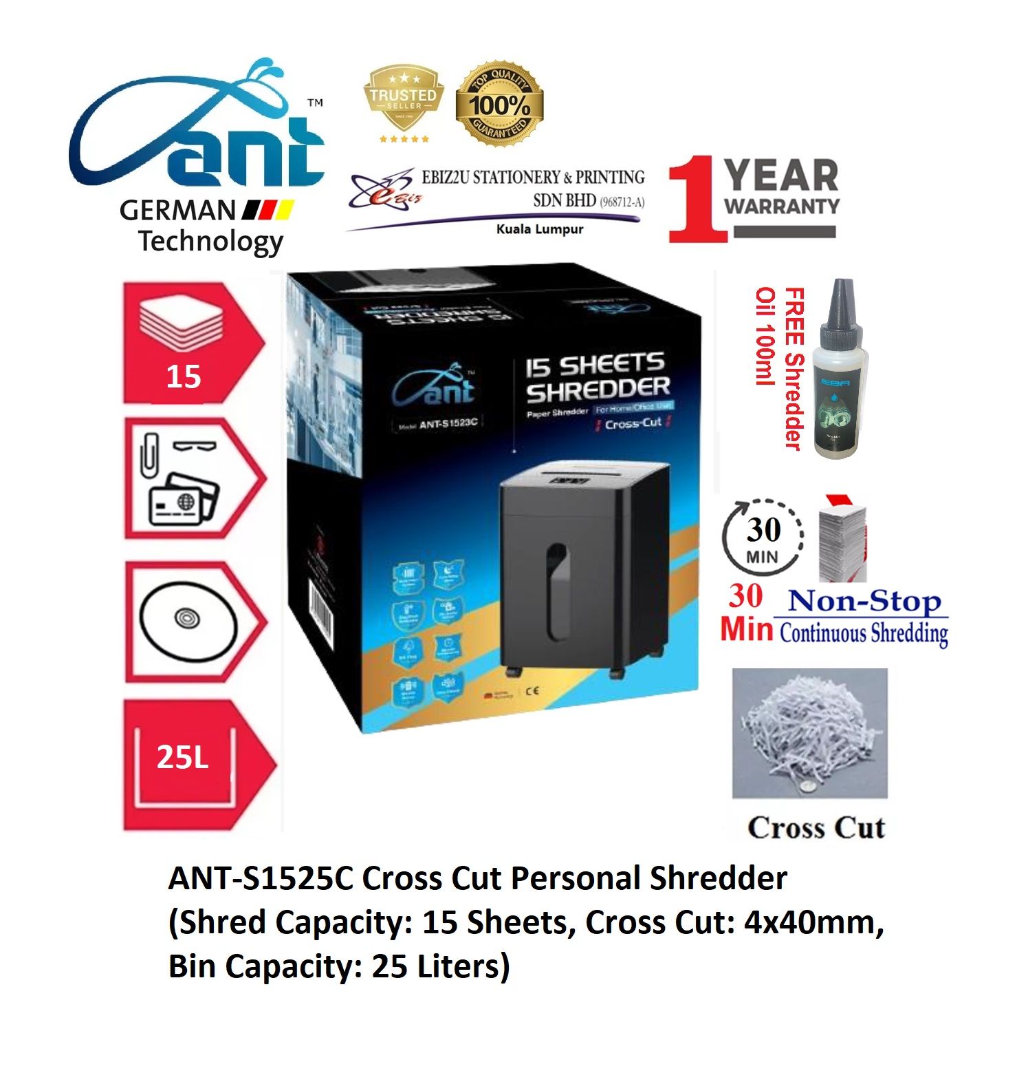 ANT-S1525C Cross Cut Personal Shredder (15 Sheets, Cross Cut: 4x40mm, Bin Capacity: 25 Liters)