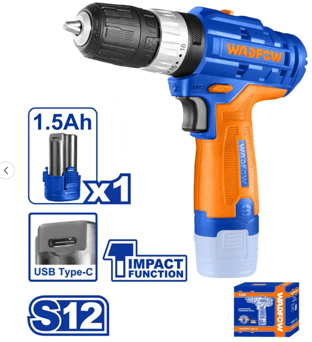 WADFOW LI-ION CORDLESS IMPACT DRILL (20NM, 12V) TYPE-C CHARGING BATTERY S12 WCDS540
