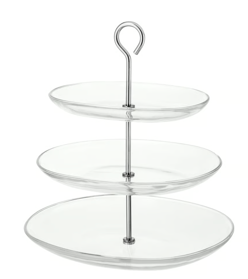 Serving stand, three tiers, clear glass/stainless steel