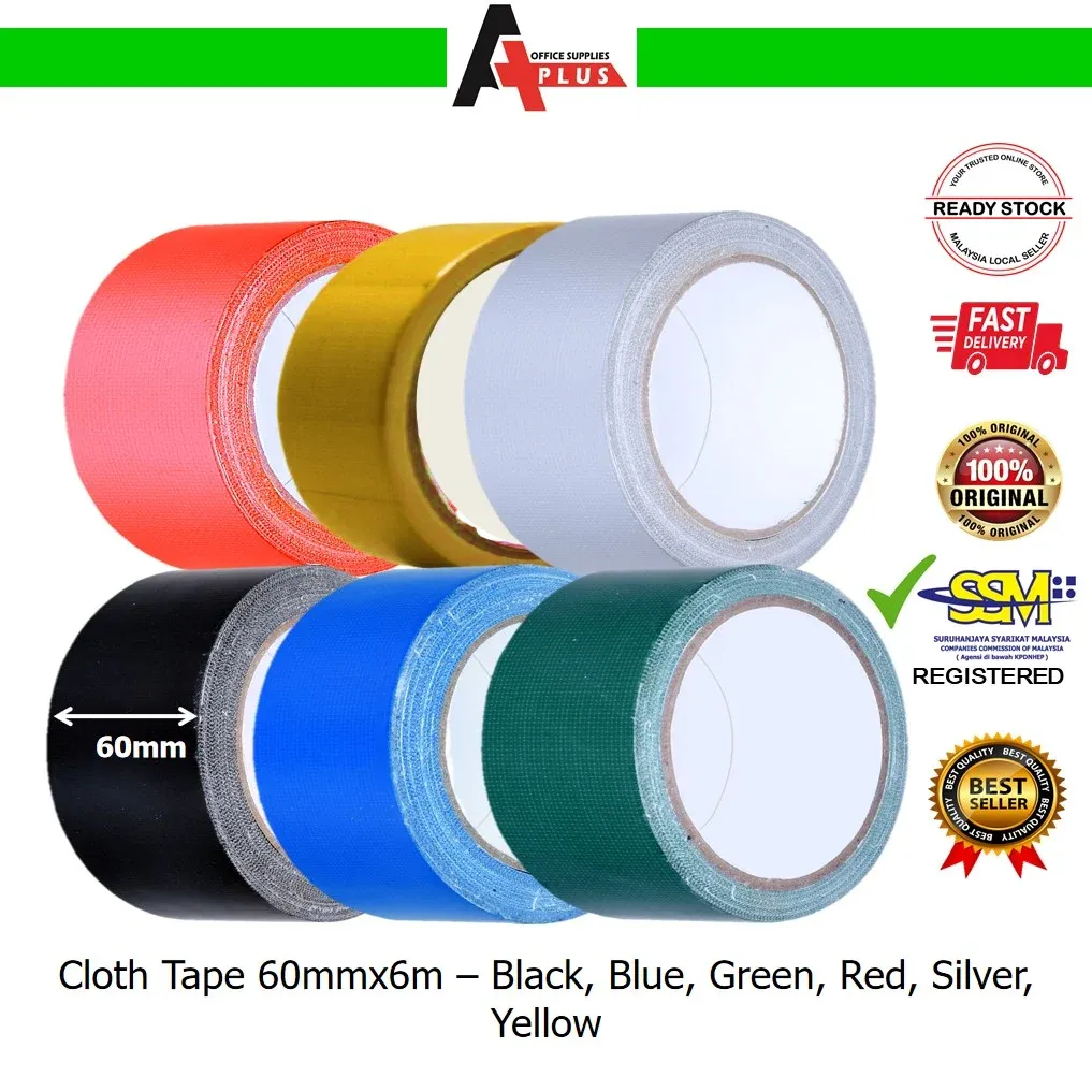 Cloth Tape 60mmx6m / Binding Tape / Pita Kain - Black, Blue, Green, Red, Silver, Yellow