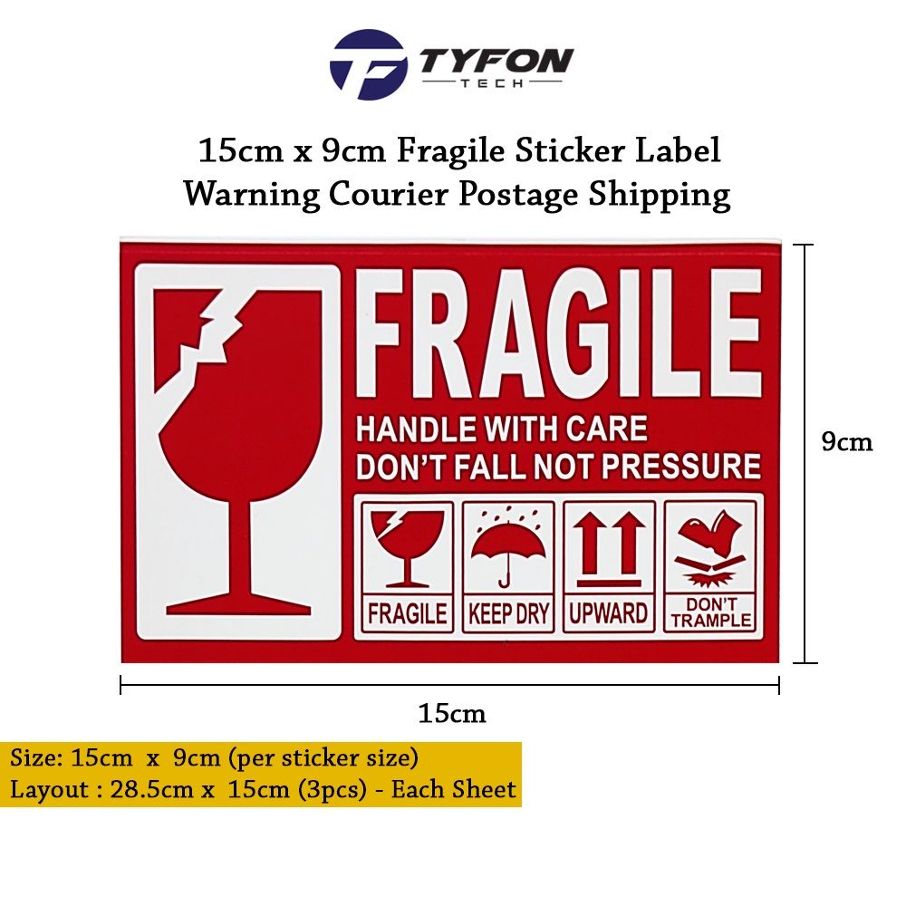 100pcs | 15cm x 9cm Fragile Sticker Mudah Pecah Sticker Fragile Label Warning Label Postage Shipping Courier