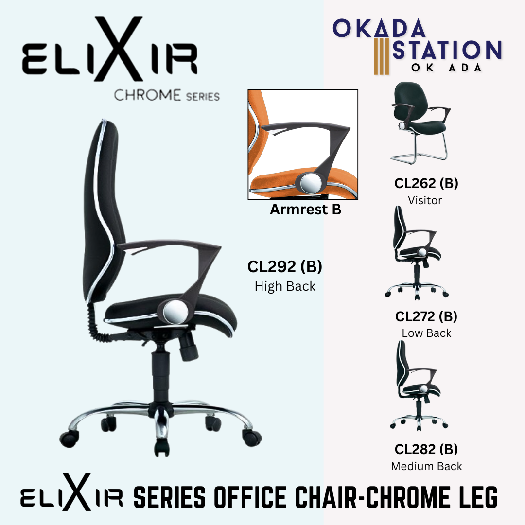 ELIXIR ERGONOMIC OFFICE CHAIR (ARMREST B)- ALL SIZE / CHROME SERIES / OFFICE CONFERENCE CHAIR / OFFICE SWIVEL CHAIR / ERGONOMIC CHAIR / EXECUTIVE CHAIR / DIRECTOR CHAIR / OFFICE CHAIR / CHAIR / CHROME BASE / FABRIC / PU LEATHER / ELIXIR