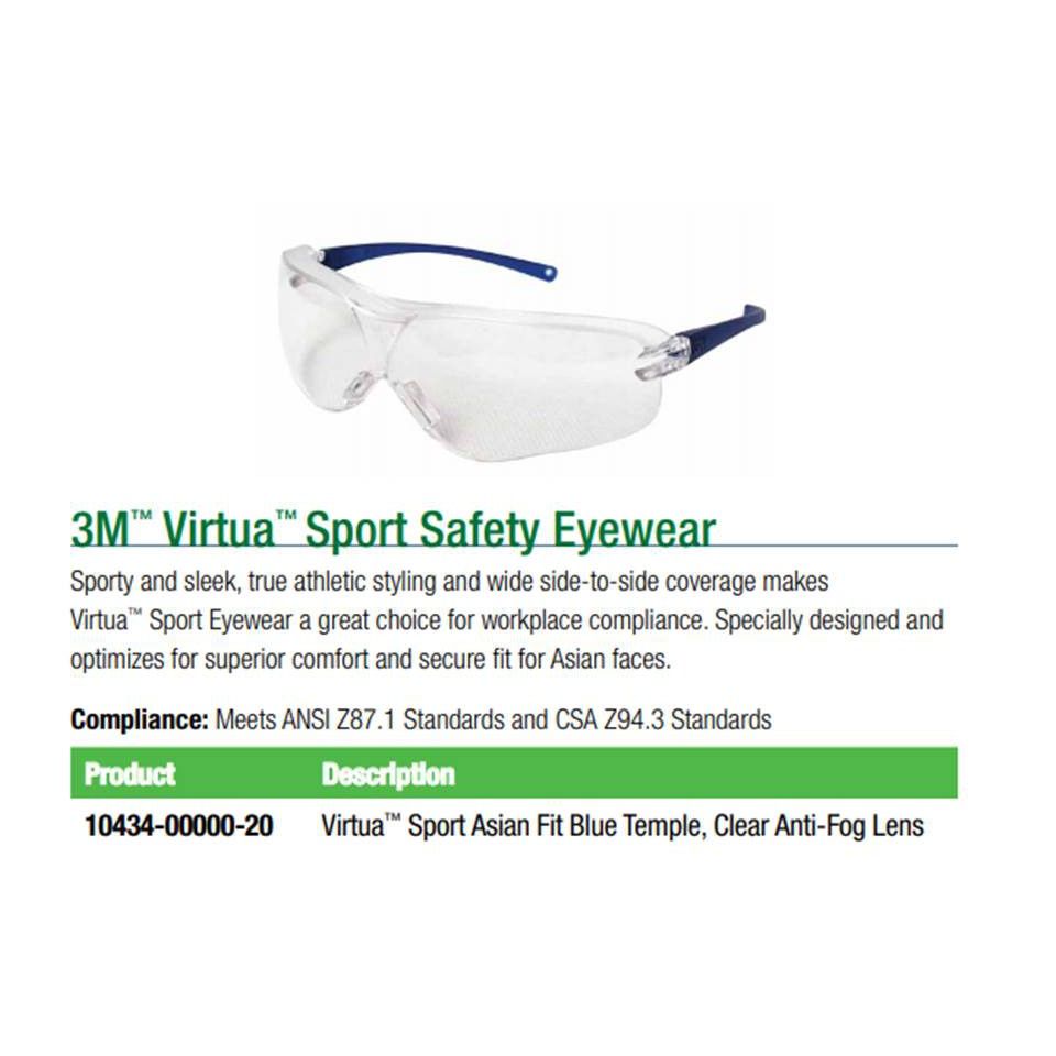 3M Asian Virtua Sport 10434-00000-20, Clear Anti-Fog Lens, Blue Temples