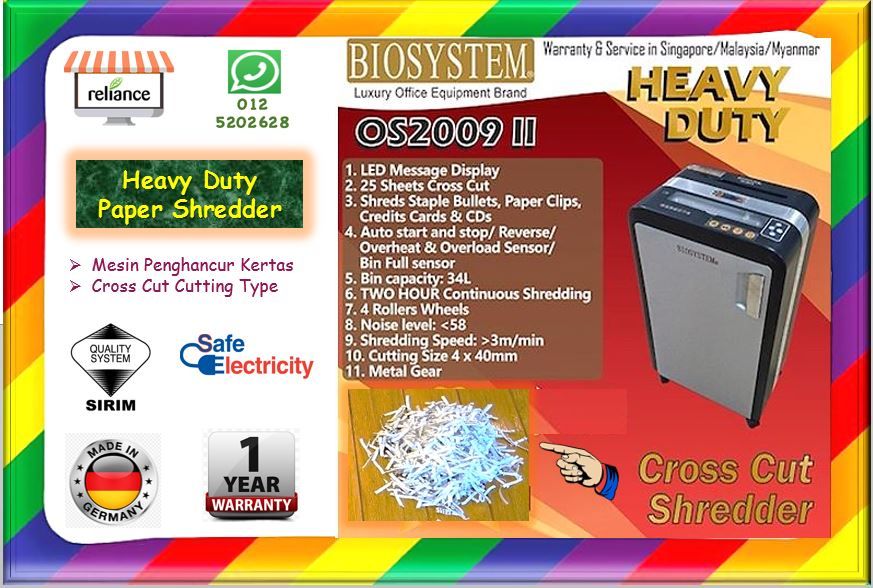 Biosystem Paper Shredder ( OS2009 II ) / Shredder Machine / Mesin Paper Shredder / Mesin Perincih / Mesin Pemotong Kertas # Heavy Duty # Cross Cut Type # 25 Sheets Cutting Capacity # Product Germany # 1 Tahun Jaminan # RP0232 ( KTT : 1 Unit )