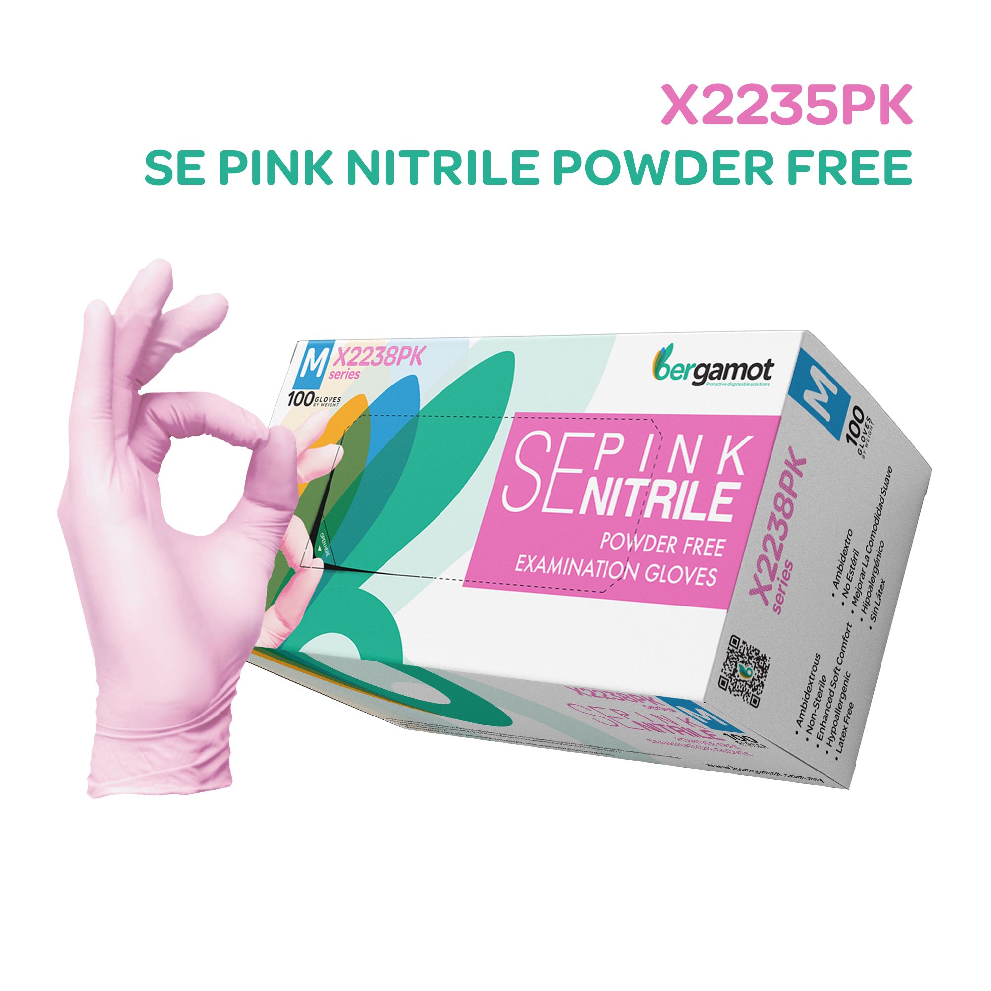 BERGAMOT X2238PK Pink Nitrile Powder Free Examination Gloves 100pcs [10box/carton]