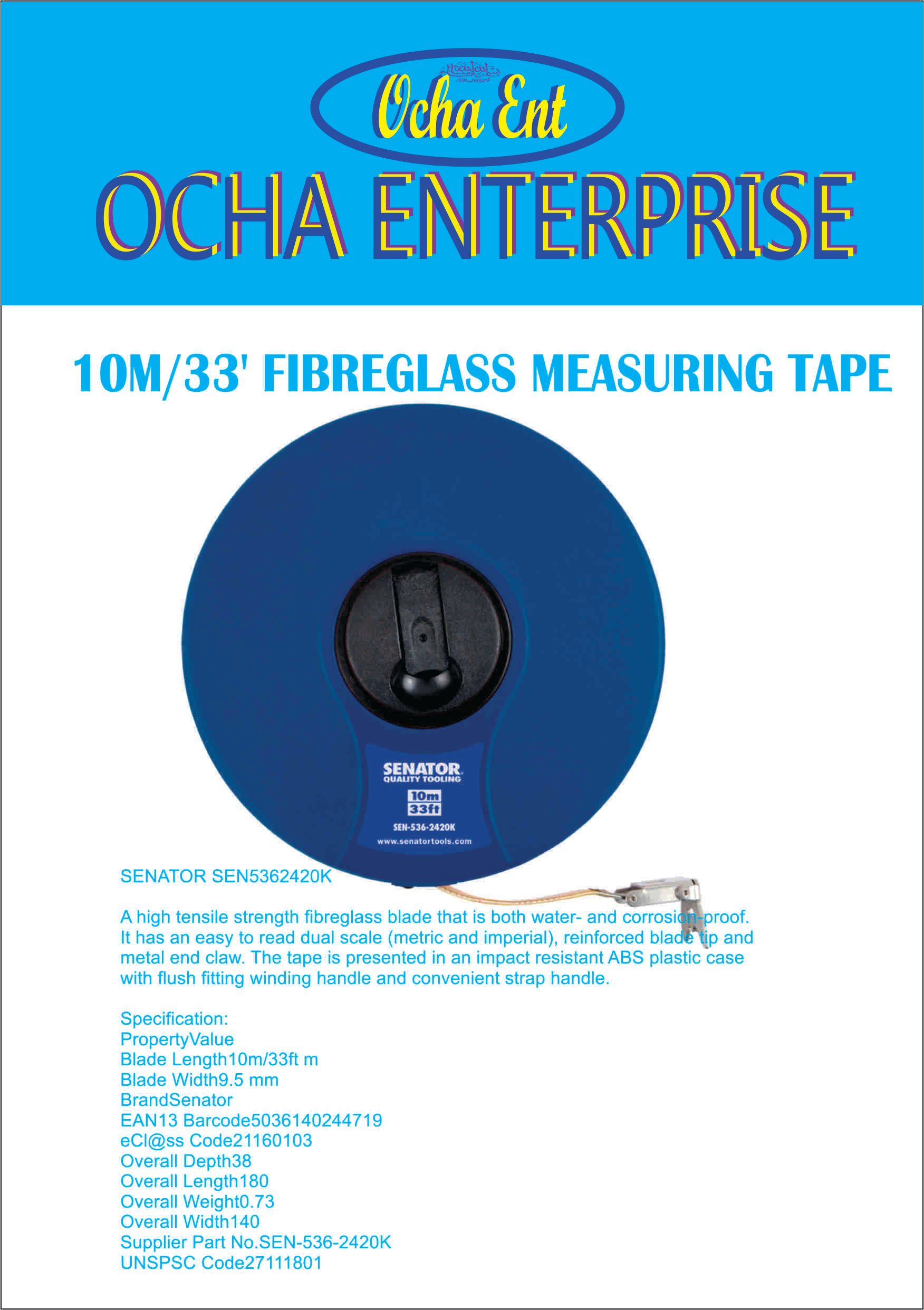 10M/33' FIBREGLASS MEASURING TAPE