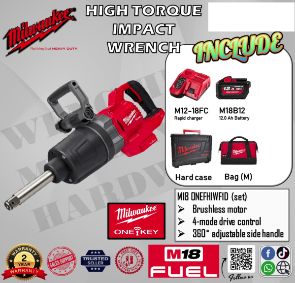 MILWAUKEE M18 FUEL 1" D Handle Extended Anvil High Torque Impact Wrench - Model M18 ONEFHIWF1D / Complete Set
