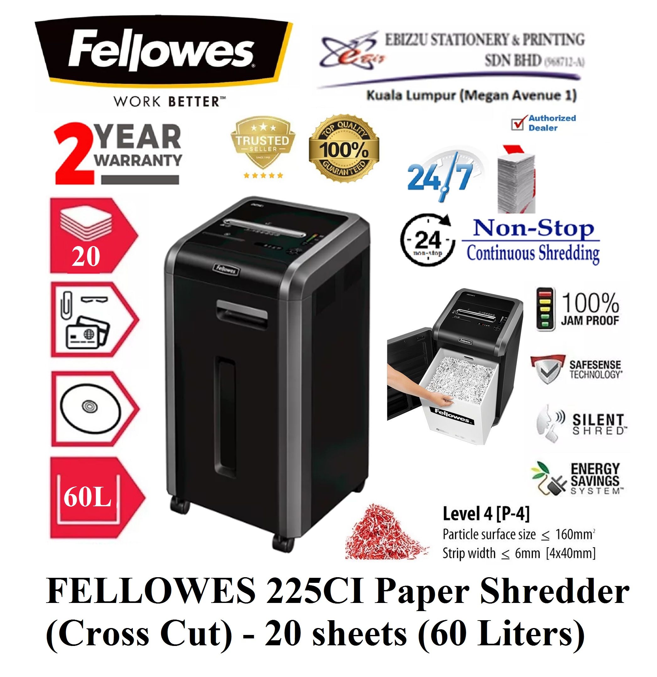 FELLOWES 225CI Paper Shredder (Cross Cut - 4 x 38mm) - 20 sheets (60 Liters) (non stop, Cross Cut, Paper Shredder, Shredder Machine, Office Shredder, Heavy Duty Shredder, Mesin Penghancur Kertas)
