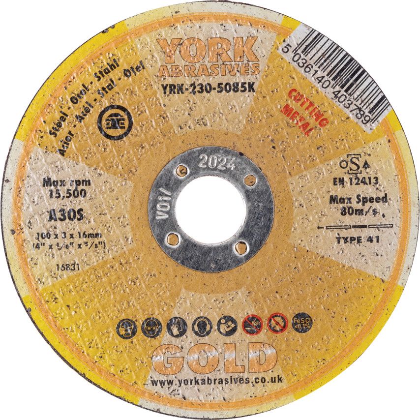 York *York Abrasives Gold Cutting Disc, 30-Medium/Coarse, 100 x 3 x 16mm, Type 41, Aluminium Oxide [10s]