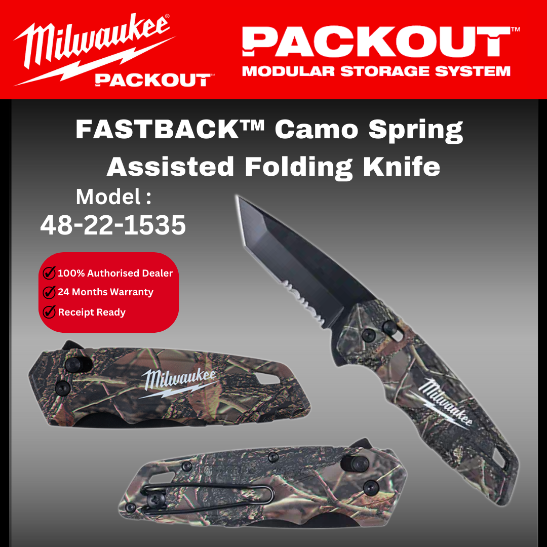 Milwaukee Fastback Camo Spring Assisted Folding Knife / 48-22-1535 / Camping Knife / Hiking Knife / Pisau Lipat
