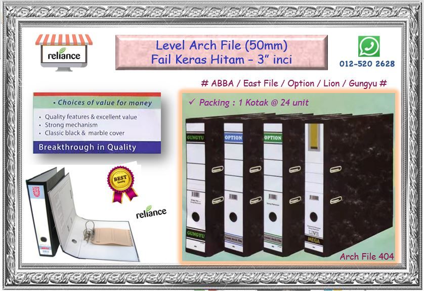 Lever Arch File 404 - 3" Inci (50mm) / Fail Hitam Keras / Arch Fail / Fail Dokumen # East-File # GUNGYU # ABBA # LION # OPTION # East File A4 # Buatan Malaysia # RP0660 ( KTT : 1 Kotak @ 24 Unit )