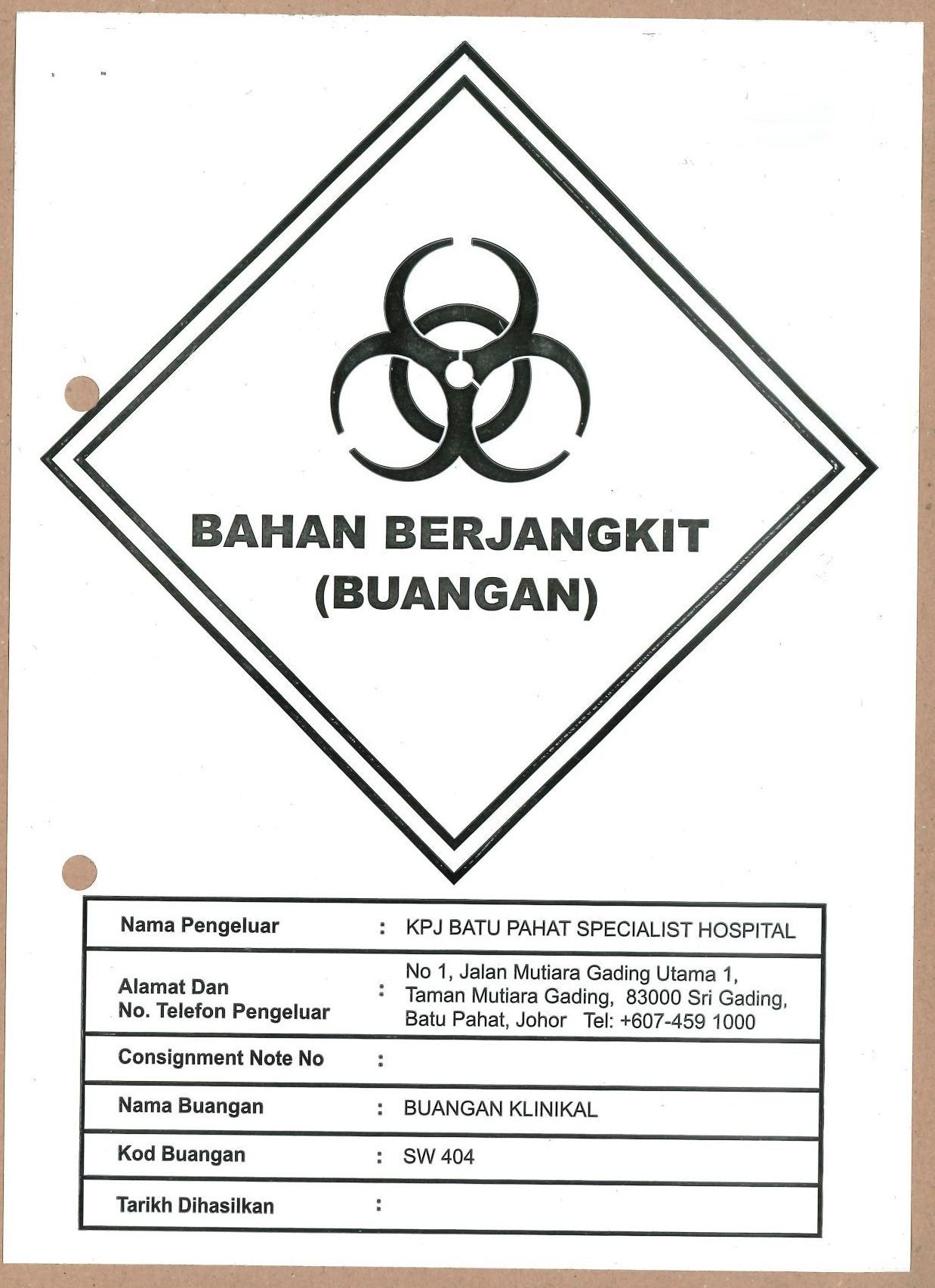 Label Sticker Bahan Berjangkit (Buangan)
