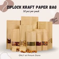 50pc Kraft Zip Window Goodies Bag Paper Packing Beg Plastik Makanan box Doorgift Zipper Food kedap udara