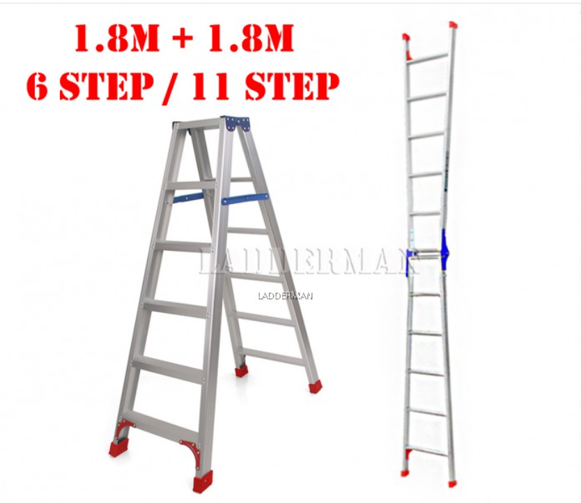 (1.8M + 1.8M) 3.6M 11 STEP MULTIFUNCTIONAL DUAL PURPOSE TWO WAY ALUMINIUM LADDER