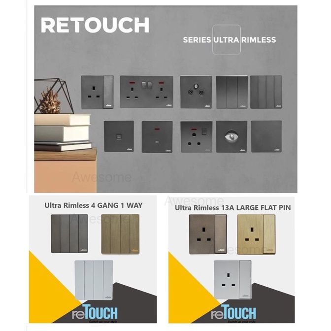 Retouch Ultra Rimless Switch Socket MATT GREY 13A Suis Socket Neon