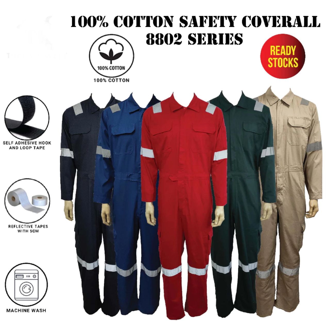 Coverall COTTON SAFETY COVERALL MEN'S HEAVY DUTY SAFETY COVERALL / COVERALL WITH REFLECTIVE WORKWEAR 8802 SERIES