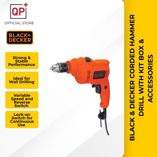 BLACK & DECKER CORDED HAMMER DRILL WITH KIT BOX & ACCESSORIES TP555KPR 550W 10MM-TP555 HAMMER DRILL