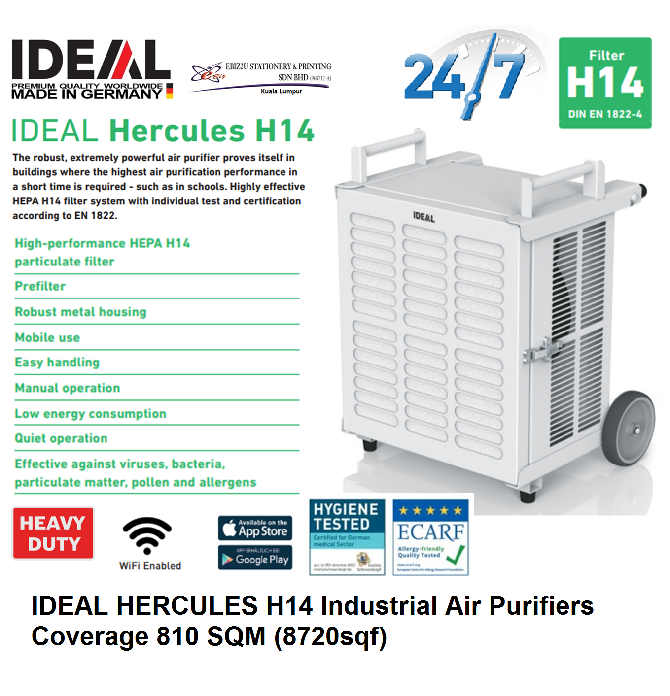 IDEAL HERCULES H14 Industrial Air Purifiers Coverage 810 SQM (8720sqf) True HEPA 0.003 Micron H14 Filter c/w Activated Carbon + CleanCel Antimicrobial Protection