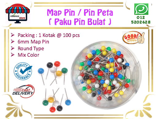 Map Pins / Paku Peta / Paku Pin Bulat # Mixed Color # 6 mm # RP0892 ( KTT : 1 Kotak @ 100 biji )