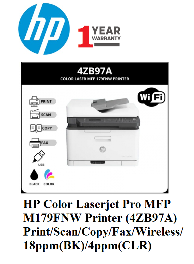 HP Color Laserjet Pro MFP M179FNW Printer (4ZB97A) Print/Scan/Copy/Fax/Wireless/18ppm(BK)/4ppm(CLR)