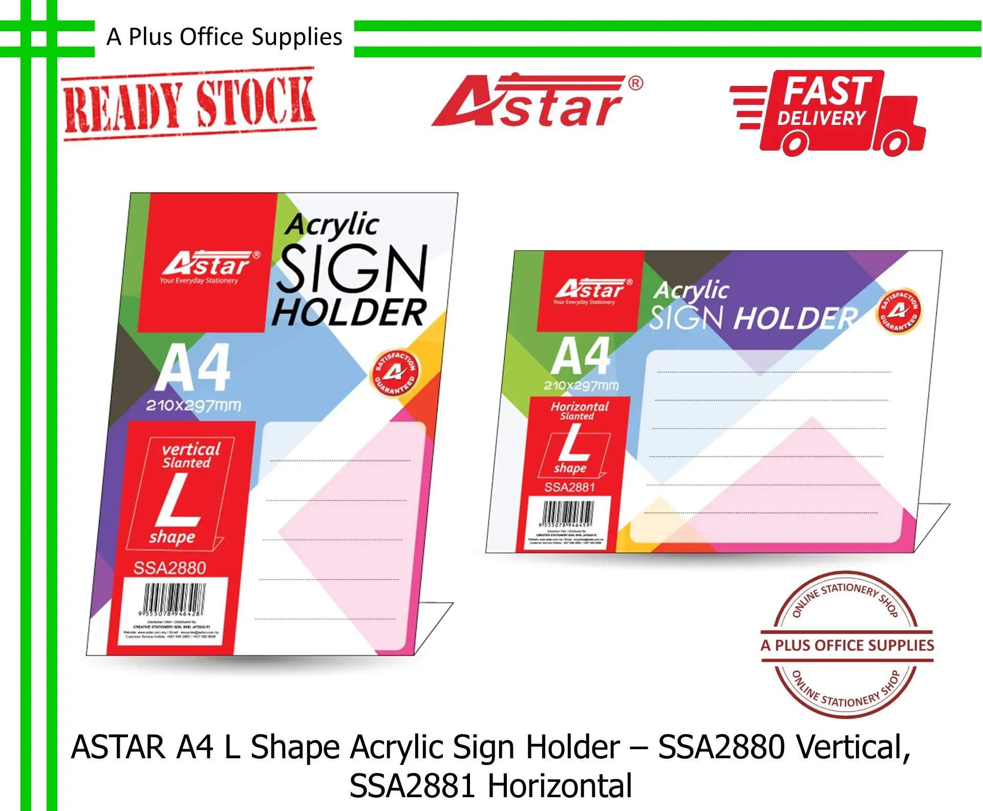 ASTAR L Shape Acrylic Sign Holder A4 - SSA2880 Vertical, SSA2881 Horizontal