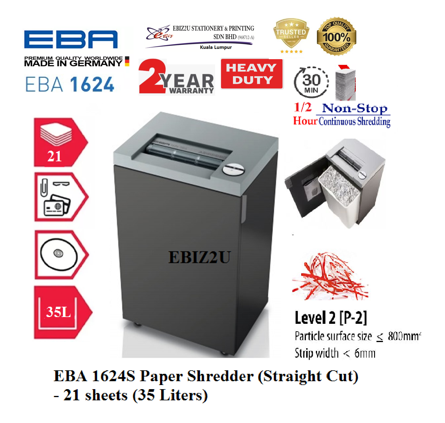 EBA 1624S Paper Shredder (Straight Cut) - 21 sheets (35 Liters) 1624 (30 mins non stop (Strip Cut, Straight Cut, Paper Shredder, Shredder Machine, Office Automation, Office Shredder, Mesin Penghancur Kertas, Heavy Duty Shredder, Heavy Duty Paper Shre