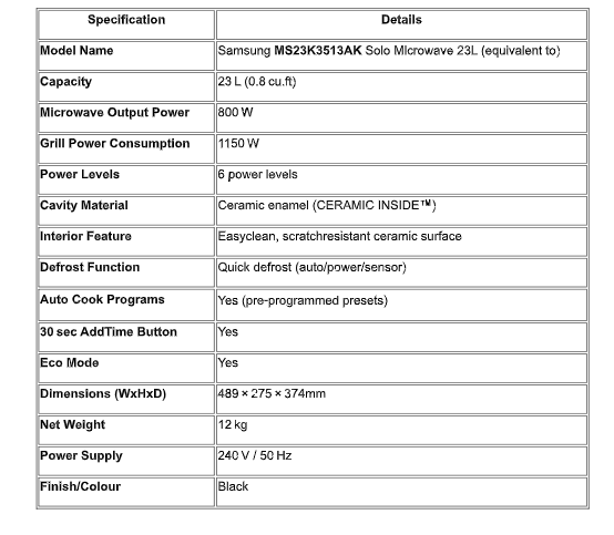Samsung MS23K3513AK Solo Microwave 23L