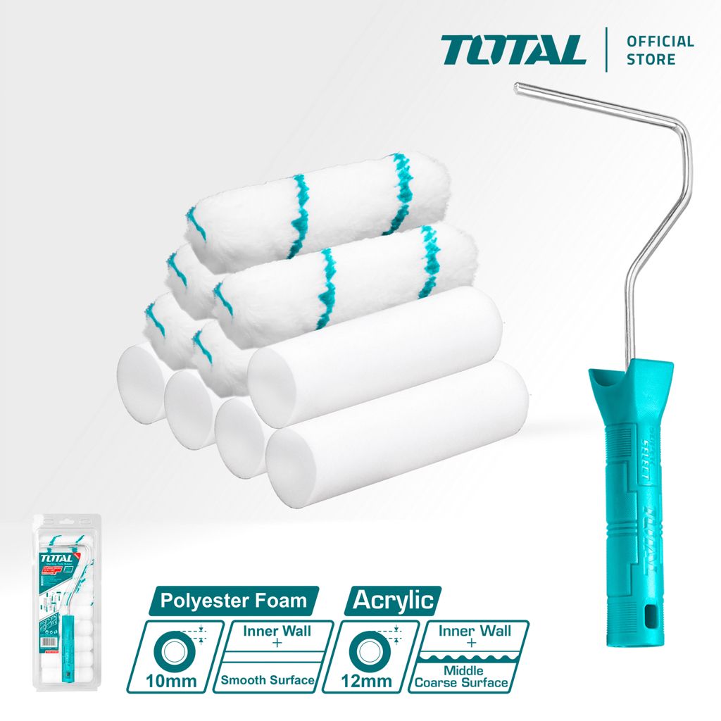 TOTAL CYLINDER BRUSH 12 IN 1 SET INTERIOR WALLS HANDLE + SHANK + ACRYLIC (5 PCS) + POLYESTER ROLLERS (5 PCS) THT81121001