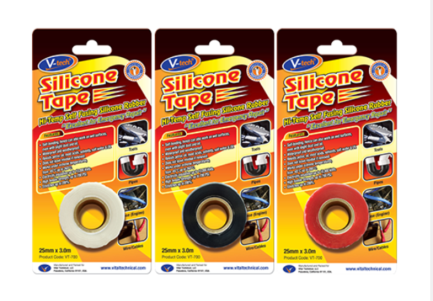 V-TECH 25MM X 3.0M HI-TEMP SELF FUSING SILICONE RUBBER - WHITE , BLACK AND RED