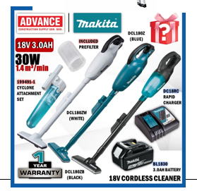 Makita Cordless Vacuum Cleaner DCL180ZB Set with Cyclone