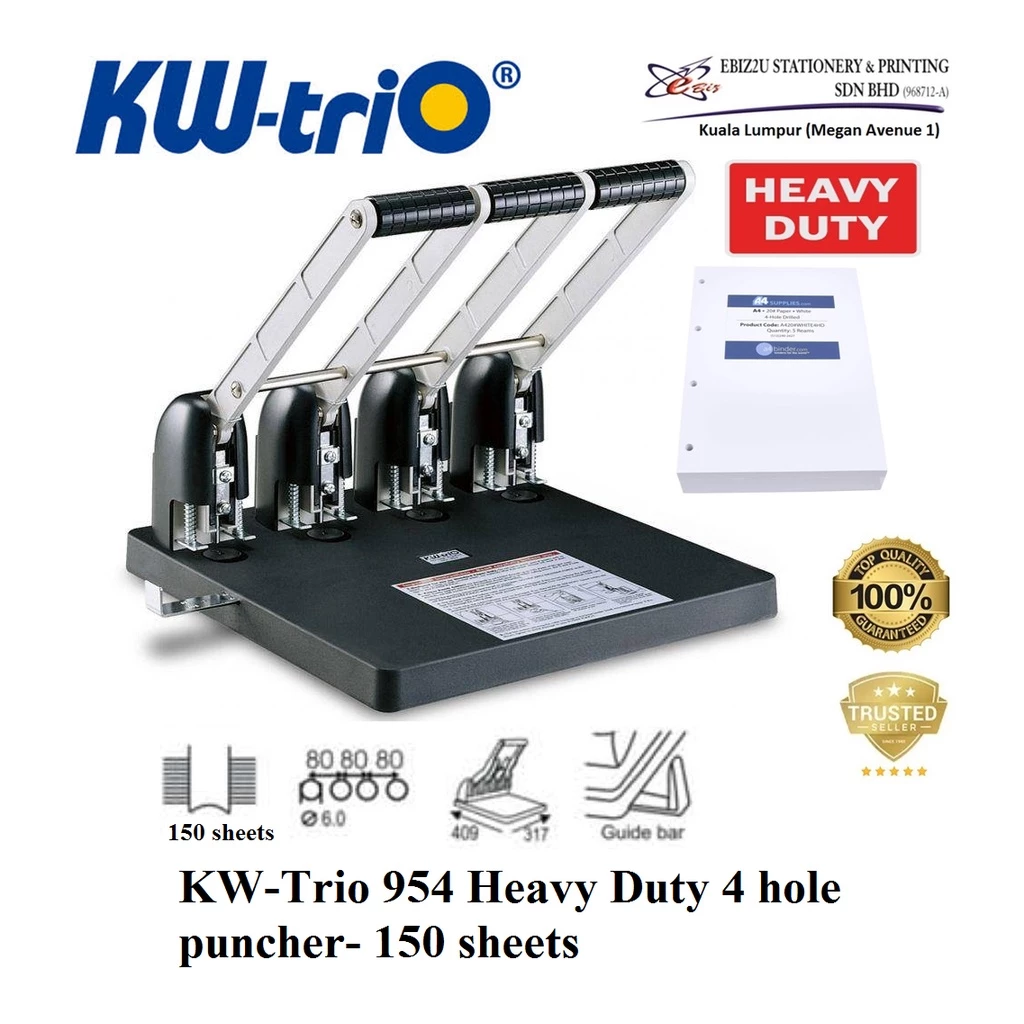 KW trio 954 Heavy Duty 4 hole puncher- 150 sheets (Stationery / Office Automation / penumbuk / puncher paper/4 hole punch/4 hole puncher)