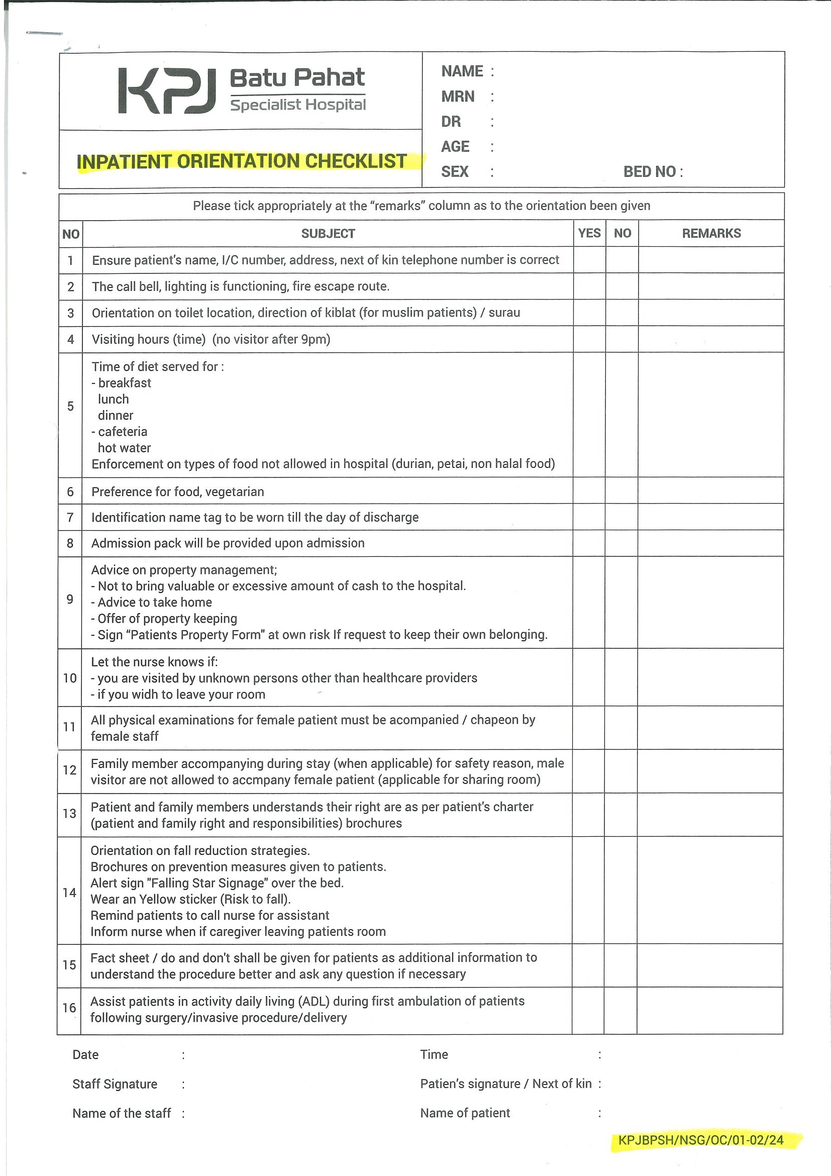 Inpatient Orientation Checklist