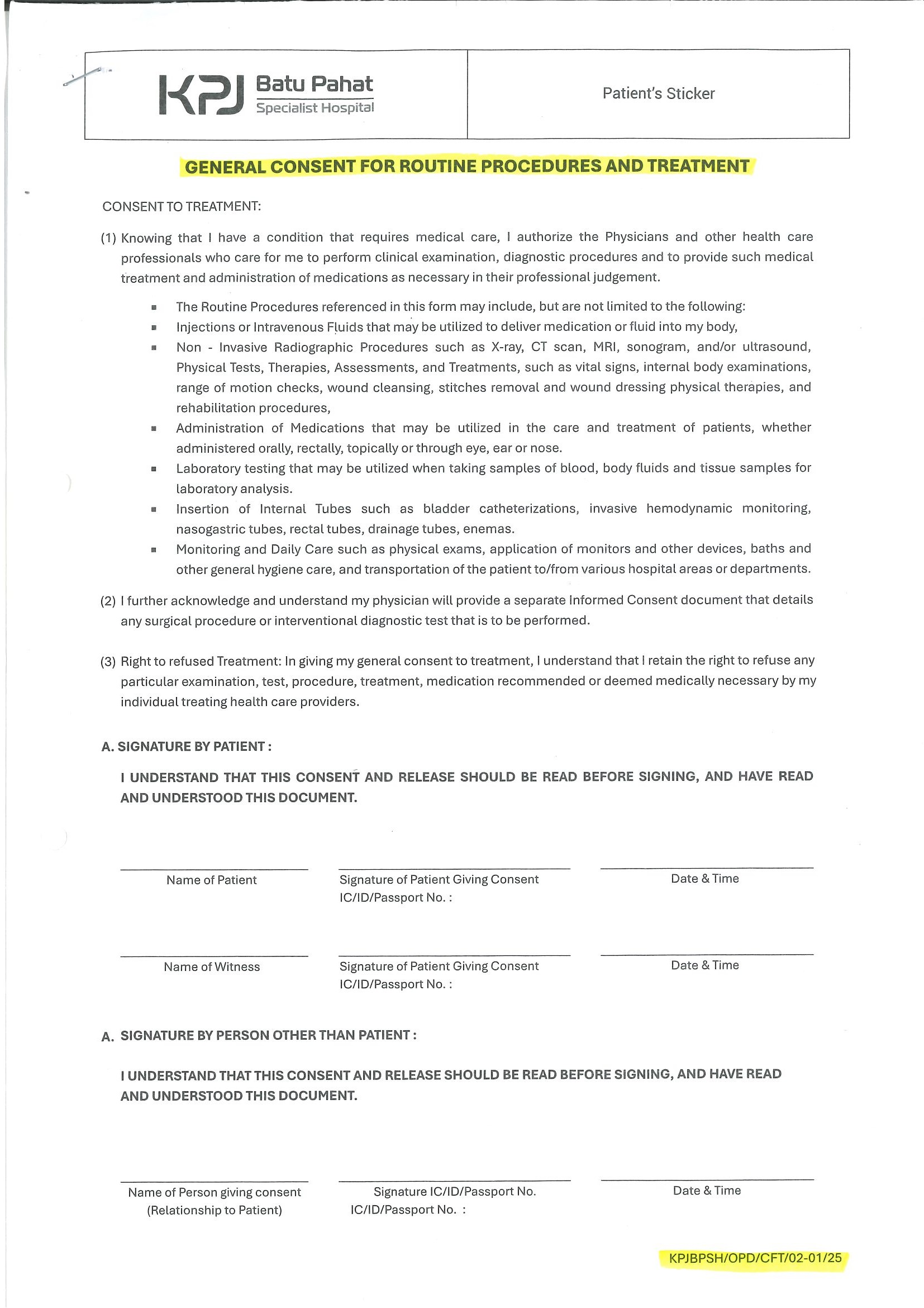 General Consent For Routine Procedure and Treatment