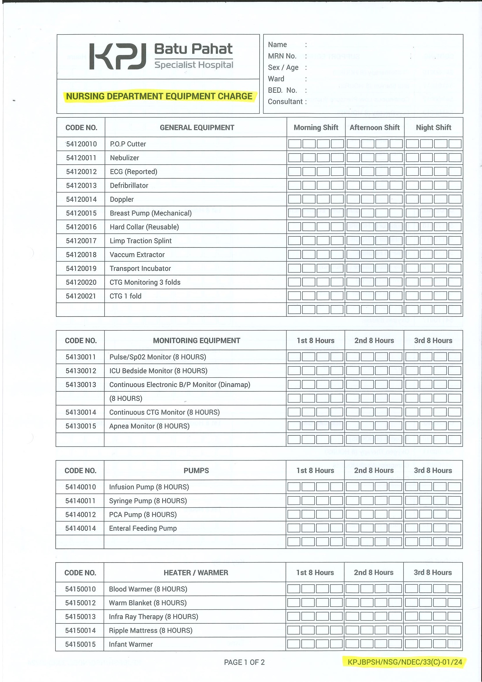 Nursing Department Equipment Charge