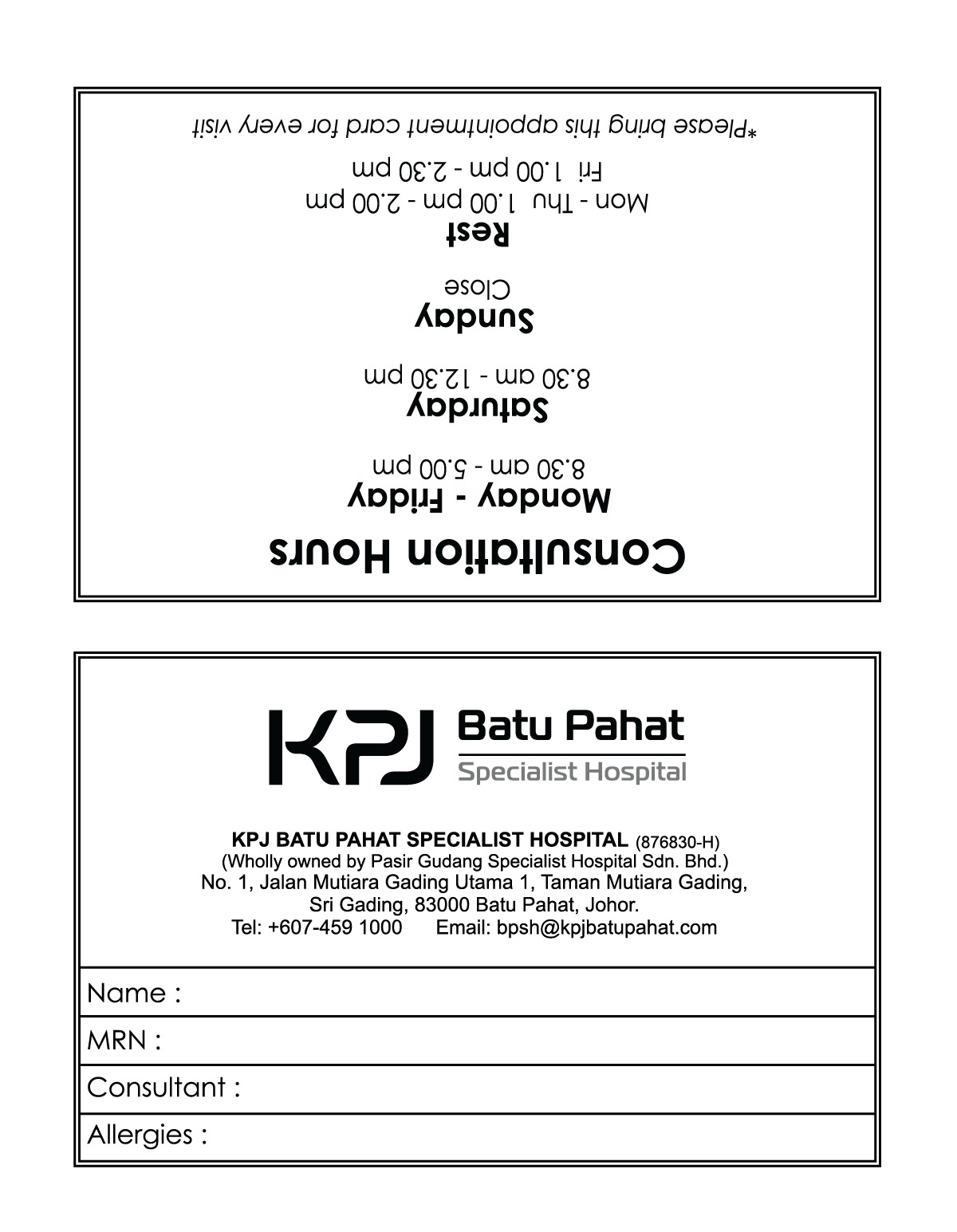 KPJ APPOINTMENT CARD