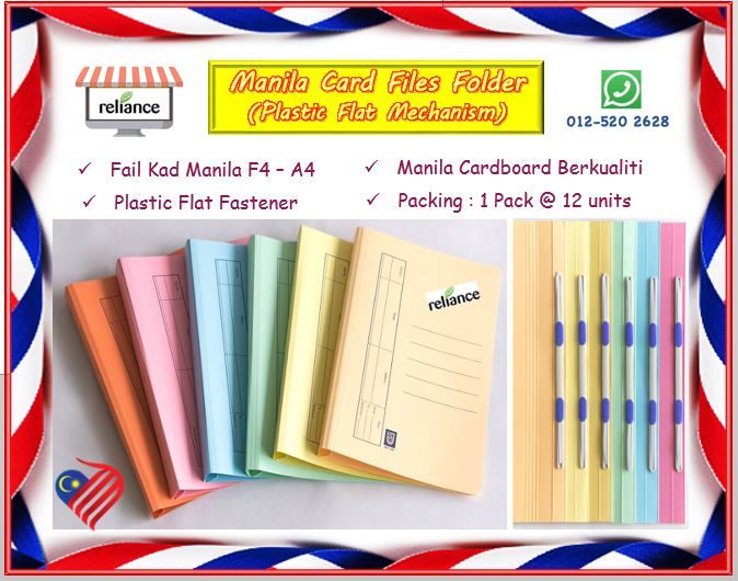 Manila Card Files - F4 / Manila Card Pocket File Folder / Document File / Fail Kad Manila # Model - Plastic Flat Fastener # Warna Fail Bercampuran # Buatan Malaysia # RS1692 ( KTT : 1 Paket @ 12 Unit )
