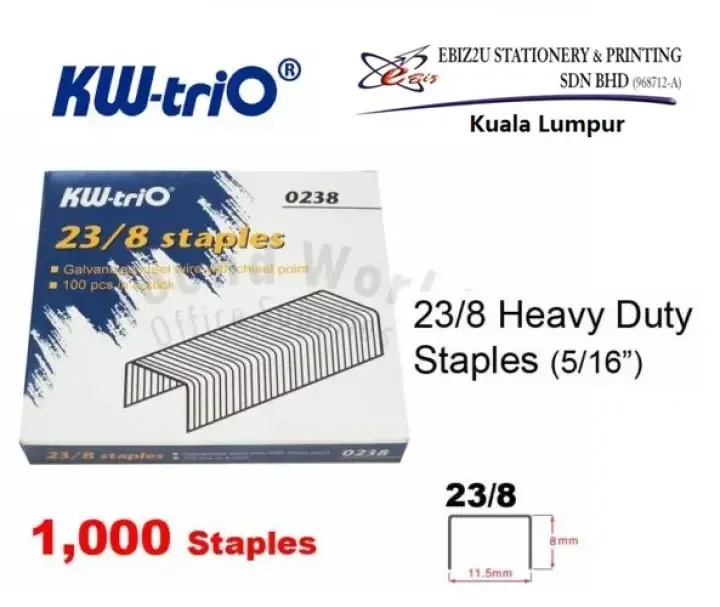 KW-TRIO 0238 23/18 HEAVY DUTY STAPLER 23/8 STAPLES (8mm) - 1000pcs (Staples, KW Staples, Heavy Duty Staples, Bullets)