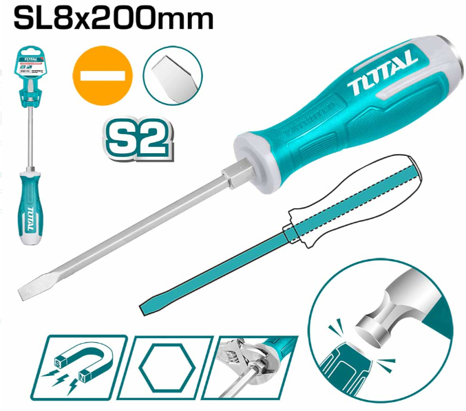 TOTAL SLOTTED GO-THROUGH SCREWDRIVER SL8 X 200MM THGS82006 (MATERIAL : S2 STEEL (MAGNETIC TIP) / SIZE: SL8.0 / LENGTH : 200MM / WIDTH: 8MM)