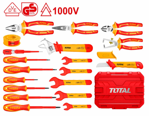 TOTAL 19 Pcs INSULATED HAND TOOLS SET with PLIERS, SCREWDRIVERS, SPANNER, KNIFE, WRENCH, TAPE in CASE / Box - THKITH1901