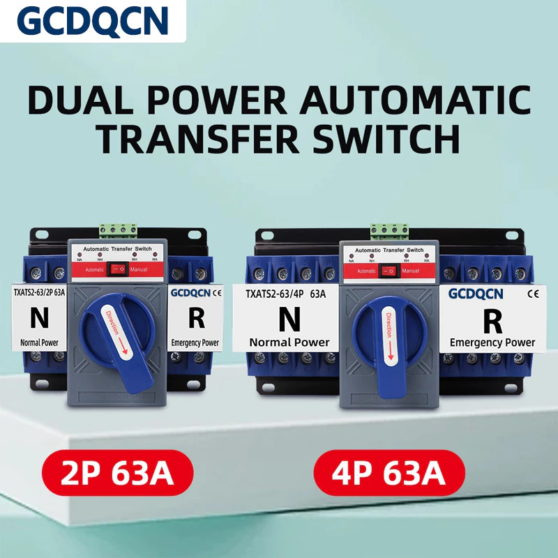 GCDQCN ATS 2P 4P 63A Dual Power Automatic Transfer Switch AC230V 380V MCB