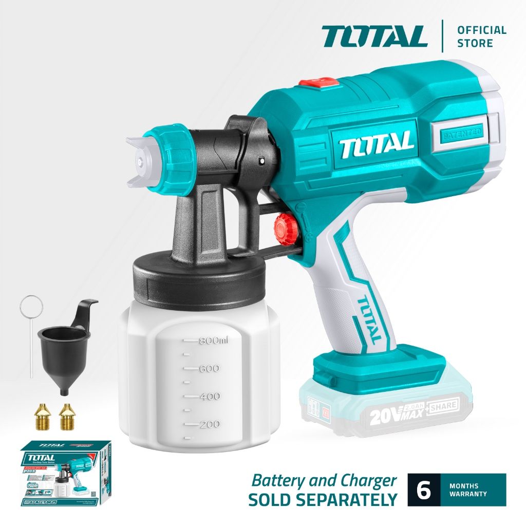 TOTAL LI-ION SPRAY GUN (20V/800ML) FOR PAINT/DISINFECTANT + NOZZLE (2 PCS) + CLEANING PIN + MEASURING CUP P20S TSGLI2003