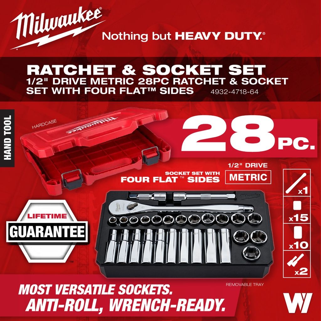 Milwaukee 1/2" Drive Metric 28pc Ratchet & Socket Set ( 4932 - 4718 - 64 )