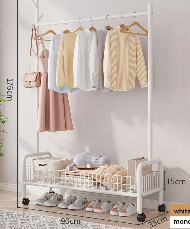Strong Steel Structure Laundry Rack Single With Wheel Cloth Clothes Rack Hanging Organizer - 90 cm - 1 layer - WHITE