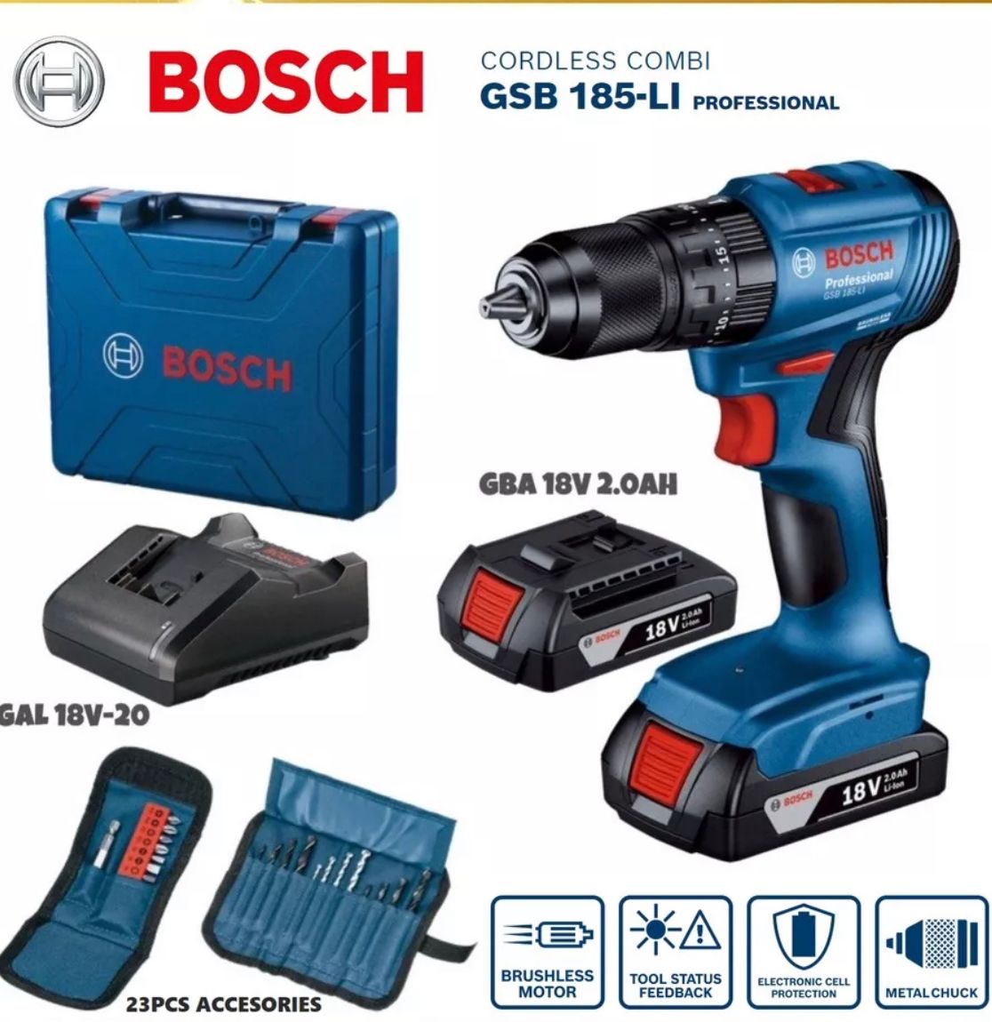 BOSCH GSB 185-LI Cordless Brushless Impact Drill 2 Batteries (ORIGINAL ITEM)