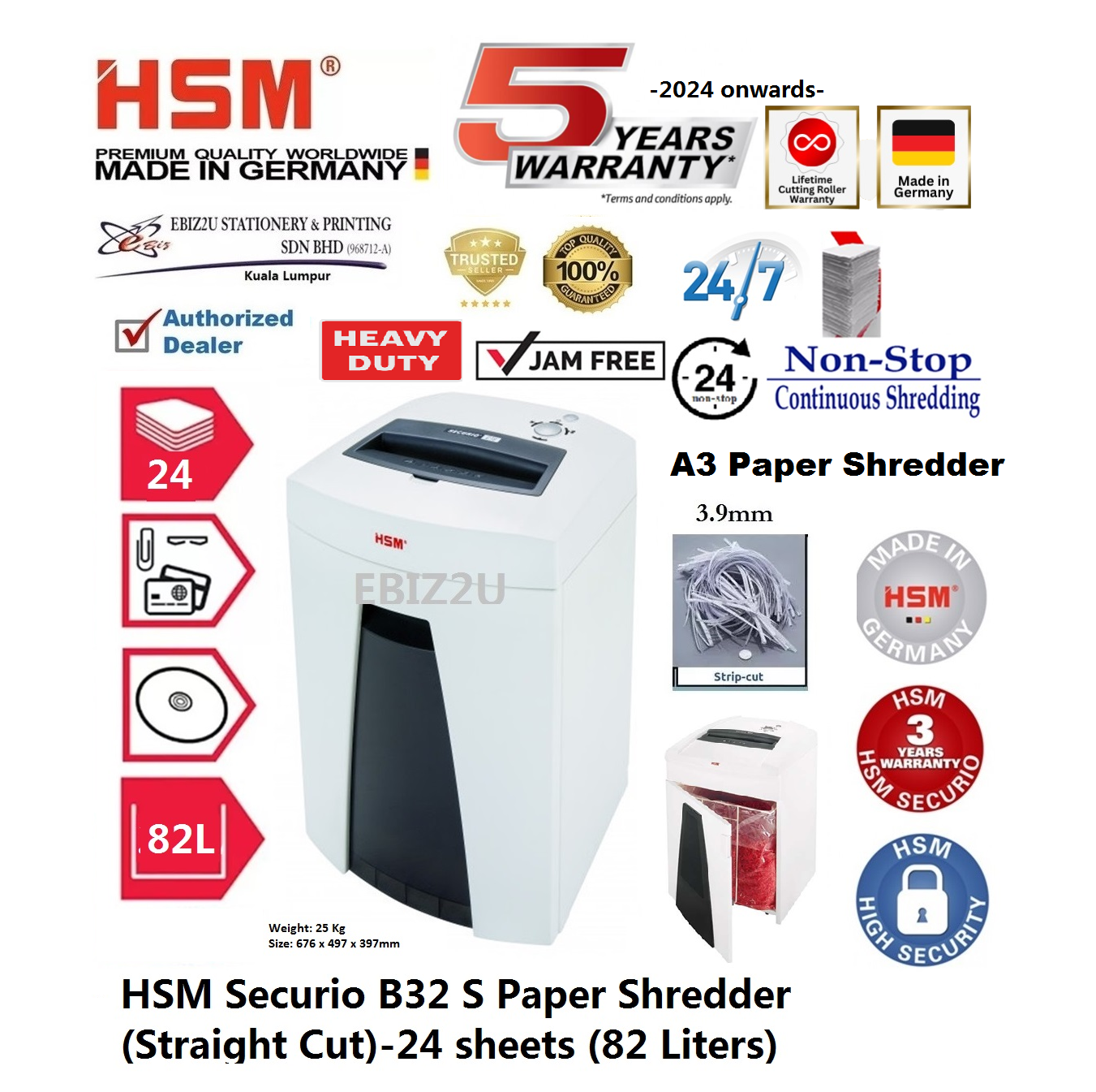 HSM Securio B32 S Paper Shredder (Straight Cut)-24 sheets (82 Liters) ( B32S, Strip Cut, Straight Cut, Paper Shredder, Shredder Machine, Office Automation, Office Shredder, Mesin Penghancur Kertas, Heavy Duty Shredder, Heavy Duty Paper Shredder)