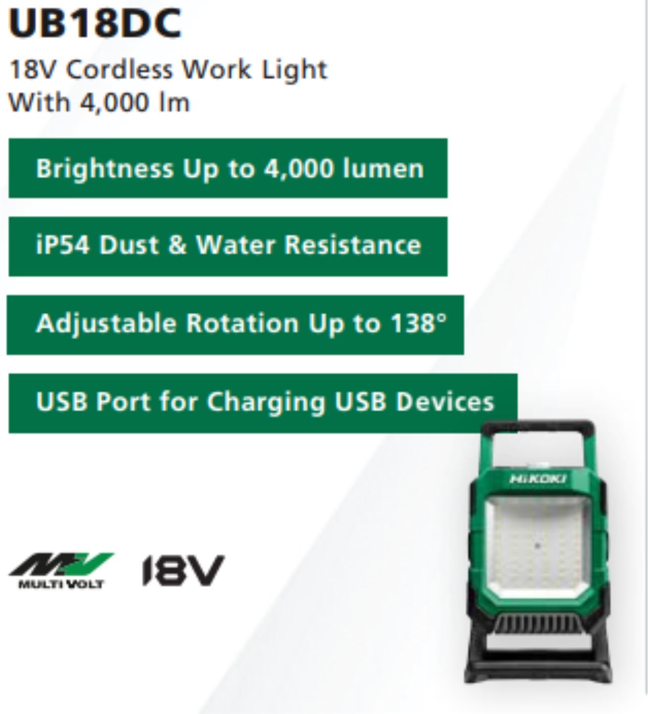 HIKOKI UB18DC 18V Cordless Work Light With 4,000 lm