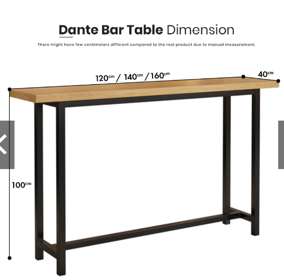 KENZZO Dante Solid Wood Bar Table WITH STEEL FRAME 160cm X 40cm X100cm
